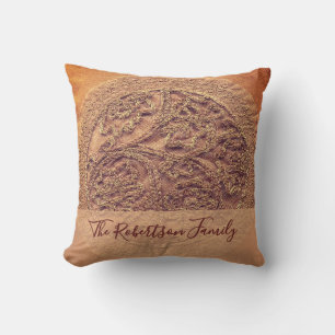 Custom Family Name Boho Floral Retro Burnt Orange Cushion