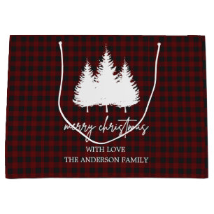 Custom Family Name Buffalo plaid Christmas Large Gift Bag
