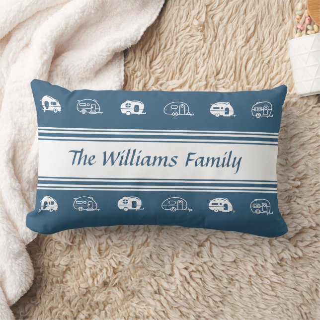 Custom Family Name Campers in Blue and White  Lumbar Cushion (Blanket)