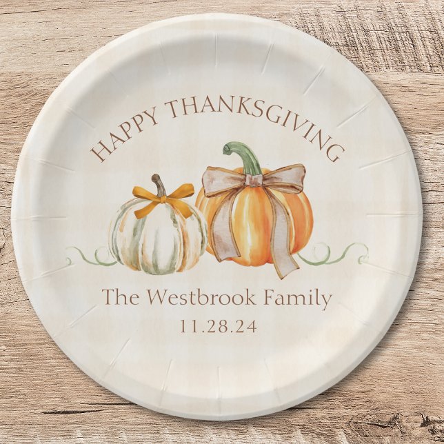 Custom Family Name Cute Pumpkin Bows Thanksgiving Paper Plate (Creator Uploaded)