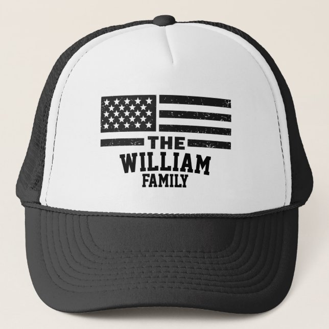Custom Family Name Distressed American Flag  Trucker Hat (Front)