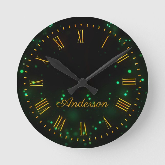 Custom Family Name Green Bokeh Lights Elegant Round Clock (Front)