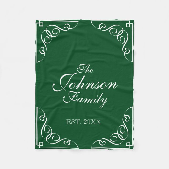 Custom family name green flourish fleece blanket (Front)