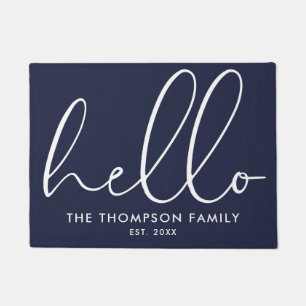 Custom Family Name Hello Welcome Navy Blue Doormat