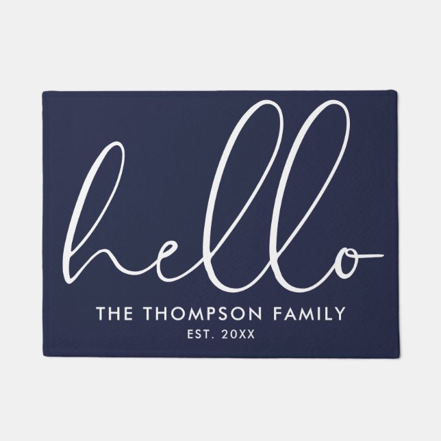 Custom Family Name Hello Welcome Navy Blue Doormat (Front)