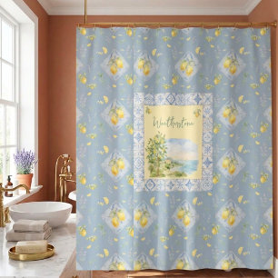 Custom Family Name Italian Watercolor Scenic Tile Shower Curtain