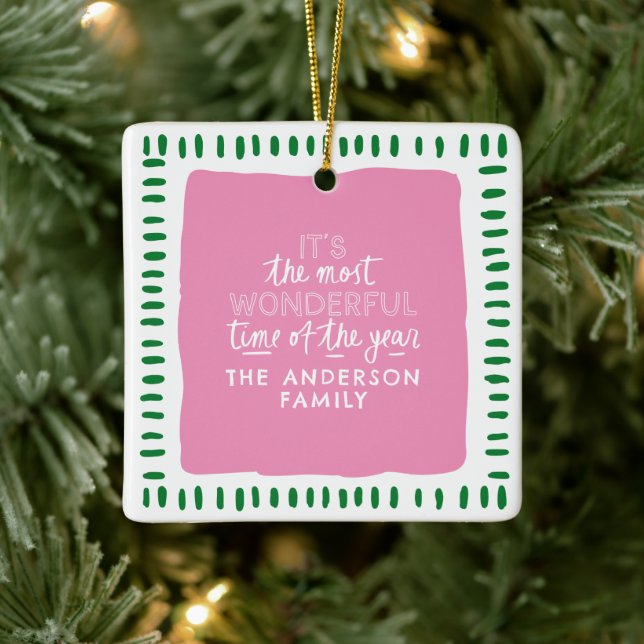 Custom Family Name Modern Pink & Green Christmas Ceramic Ornament (Tree)