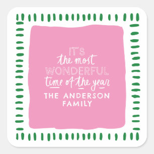 Custom Family Name Modern Pink & Green Christmas Square Sticker