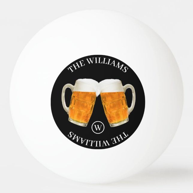 Custom Family Name & Monogram Beer themed black Ping Pong Ball (Front)