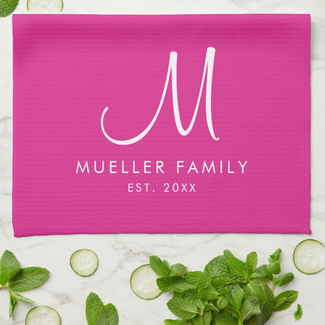 Custom Family Name Monogram Template Trendy Pink Tea Towel (Folded)