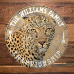 Custom Family Name Personalised Leopard Photo Dartboard<br><div class="desc">Add your family name,  and easily create your personalised family name dartboard. Click the PERSONALIZE button to change the text colour.</div>