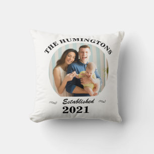 Custom family name, photo and year established cushion