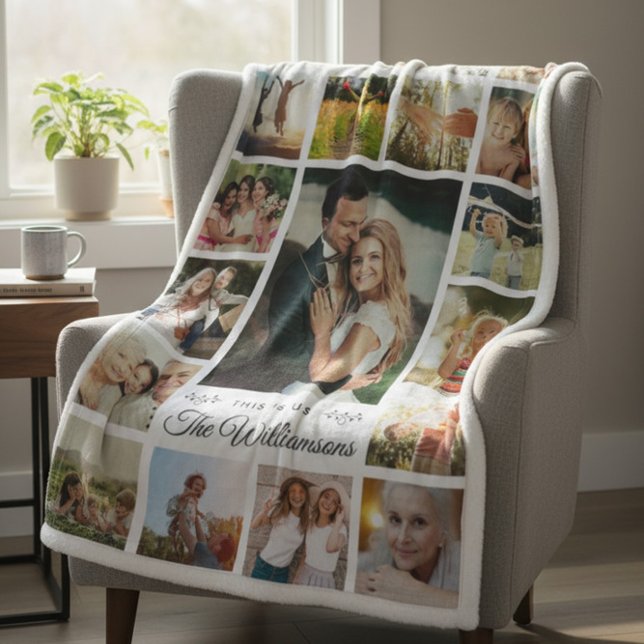 Custom Family Name Photo Collage Modern Chic Gift Fleece Blanket (Creator Uploaded)