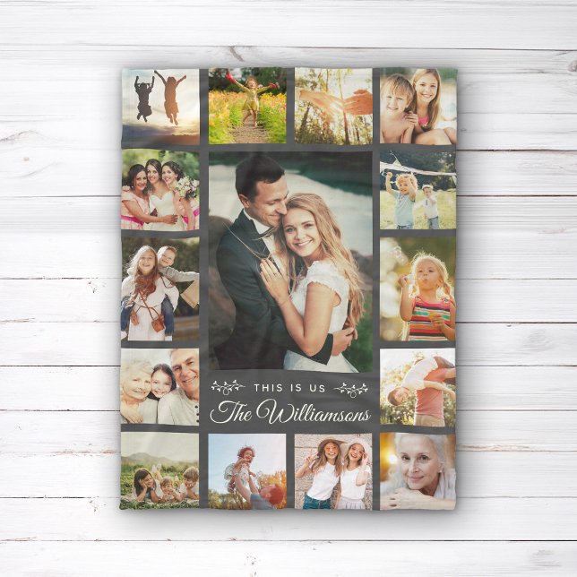 Custom Family Name Photo Collage Modern Gift Grey Fleece Blanket (Creator Uploaded)