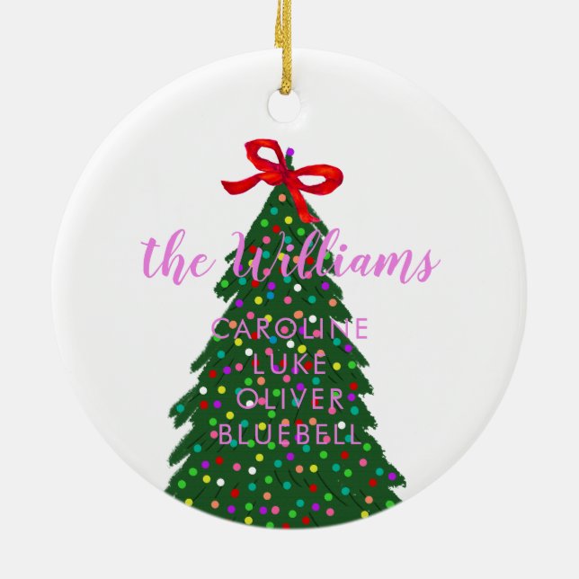 Custom Family Name Pink Christmas Tree Ceramic Tree Decoration (Back)