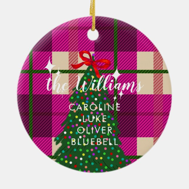Custom Family Name Pink Plaid Christmas Tree Ceramic Tree Decoration (Back)
