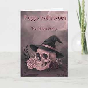 Custom Family Name Pink Witch Skull & Roses Card