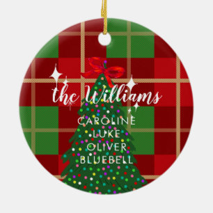 Custom Family Name Plaid Red Christmas Tree Ceramic Tree Decoration