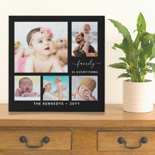 Custom Family Name Quote 5 Photo Collage Black Faux Canvas Print