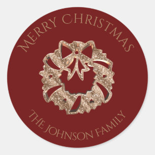 Custom Family Name Red Gold Christmas Wreath Classic Round Sticker