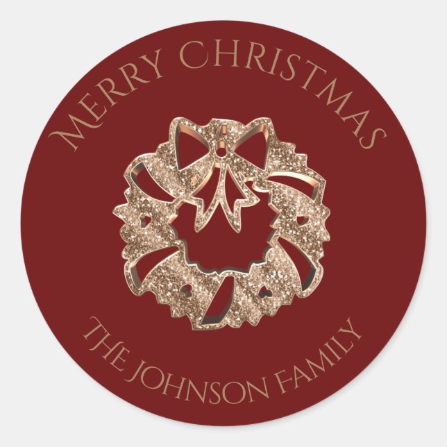 Custom Family Name Red Gold Christmas Wreath Classic Round Sticker (Front)
