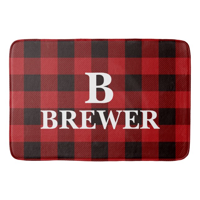 Custom Family Name Red Tartan Bath Mat (Front)