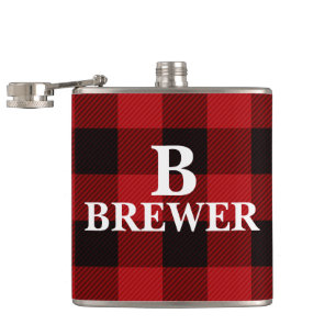 Custom Family Name Red Tartan Vinyl Flask