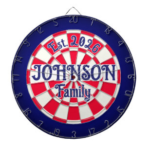 CUSTOM FAMILY NAME Red/White Chequered & Navy Blue Dartboard