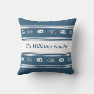 Custom Family Name Retro Campers in Blue and White Cushion