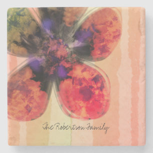 Custom Family Name Rose Gold Floral Abstract Stone Coaster