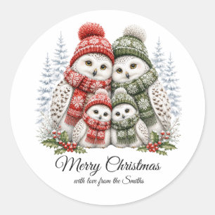 Custom Family Name Snowy Owls Christmas Classic Round Sticker