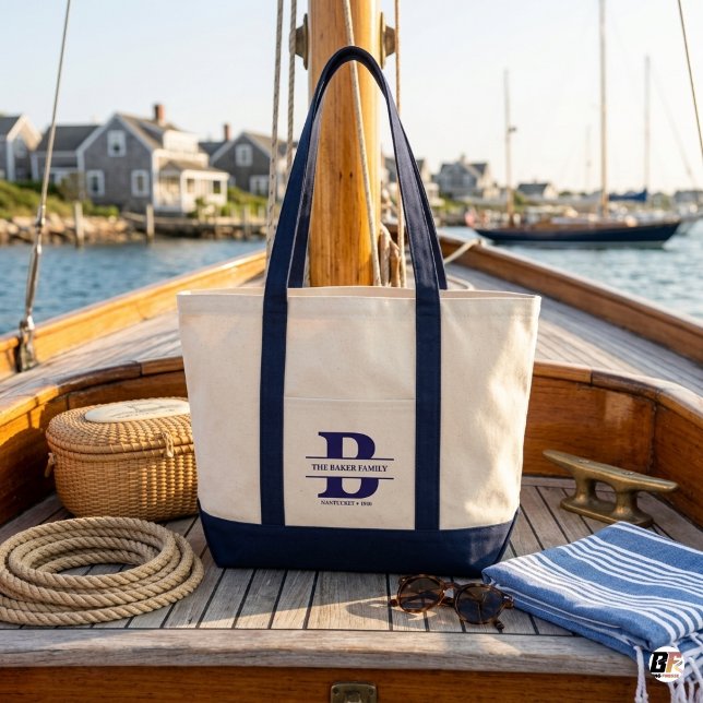 Custom Family Name Split Initial Nautical Navy Can Tote Bag (Creator Uploaded)