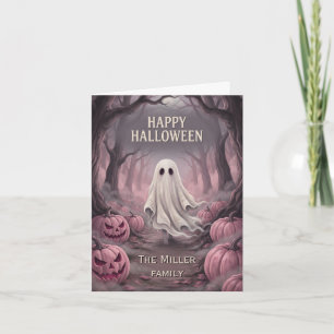 Custom Family Name Spooky Ghost & Pink Pumpkins Card