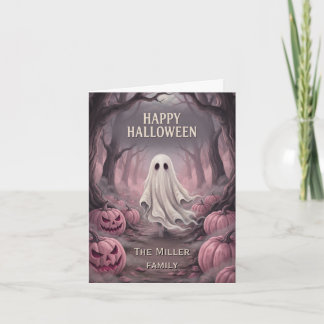 Custom Family Name Spooky Ghost & Pink Pumpkins Card