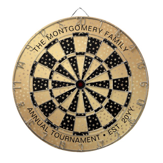 Custom Family Name Stars Gold Black Personalised Dartboard (Front)