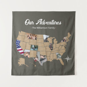 Custom Family Name Travel USA Photo Collage Green Tapestry
