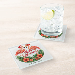 Custom Family Name Tropical Flamingo Christmas Glass Coaster