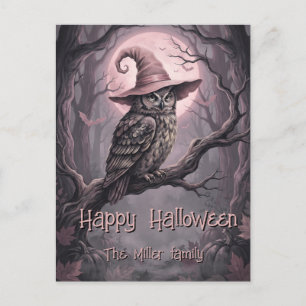 Custom Family Name Vintage Owl & Pink Moon Holiday Postcard