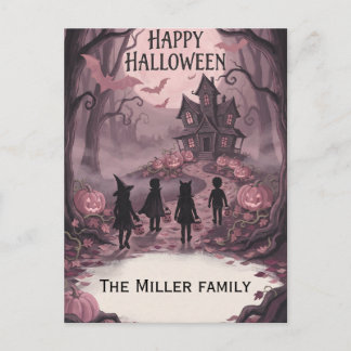 Custom Family Name Vintage Pink Trick or Treat Holiday Postcard