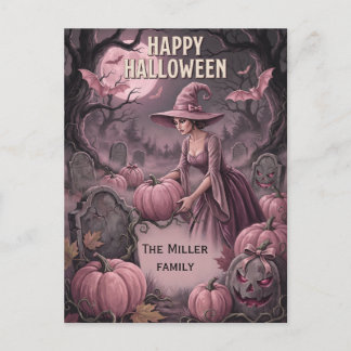 Custom Family Name Vintage Witch & Graveyard Holiday Postcard