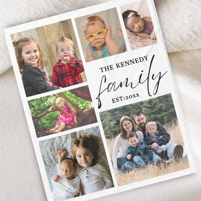 Custom Family Name White 6 Photo Collage  Fleece Blanket (Creator Uploaded)