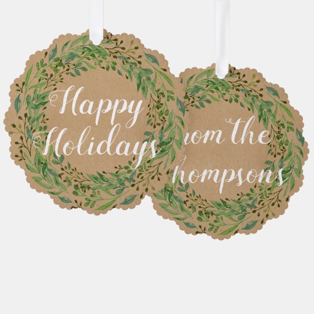 Custom Family Name Wish and Wreath Motif on Tree Decoration Card (Front/Back)