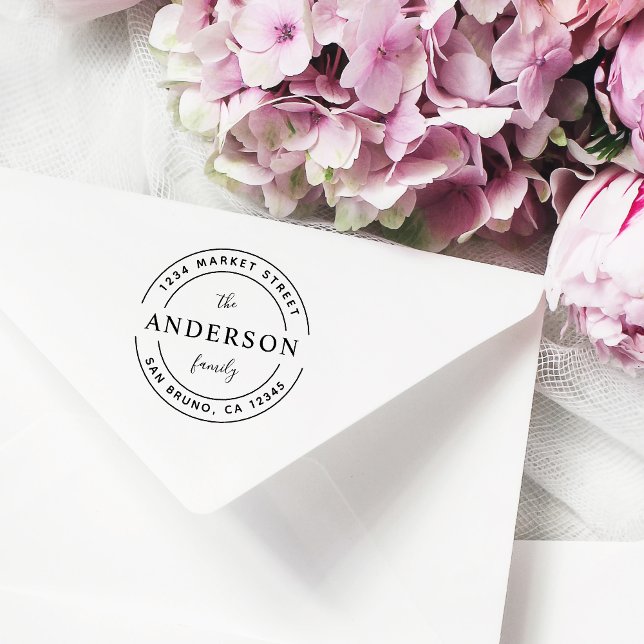 Custom Family Name | Wooden Round Return Address Rubber Stamp (Creator Uploaded)