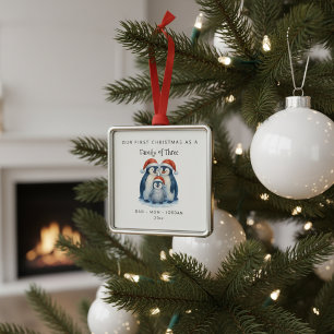 Custom Family Of Three Winter Penguins Christmas Metal Tree Decoration