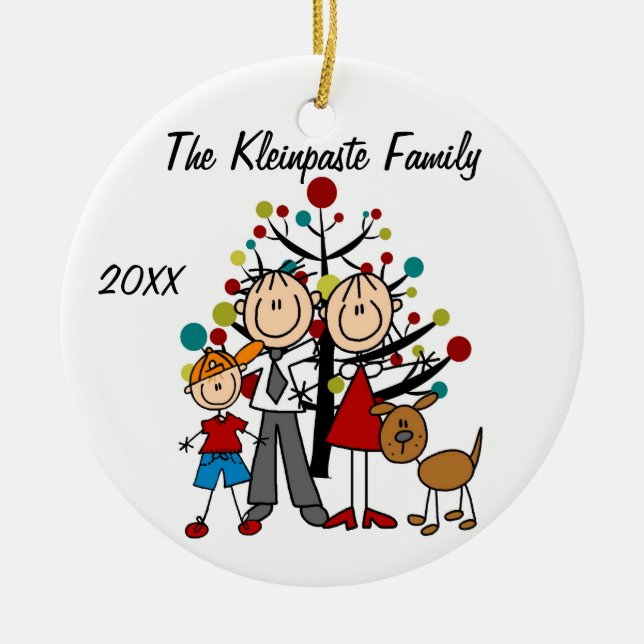 Custom Family Parents, Boy, Dog Holiday Ornament (Front)