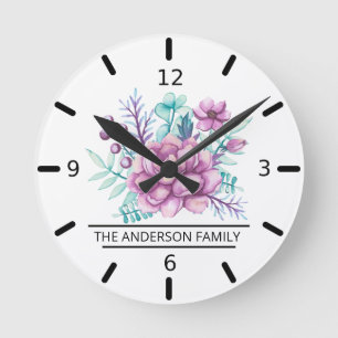 Custom Family Peonies Bouquet Round Clock
