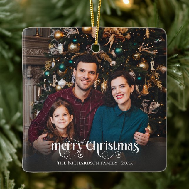 Custom Family Photo Calligraphy Script Christmas Ceramic Ornament (elegant script merry Christmas 2 photo family ceramic ornament with custom name and year)