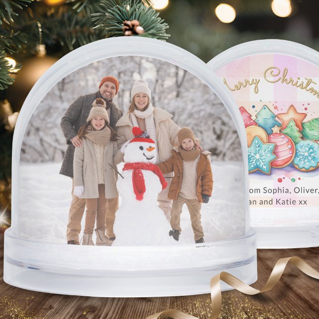 Custom Family Photo Christmas Cookies Pink Gingham Snowglobe (A Christmas snowglobe with cookies design, to personalize with your own photo and message)