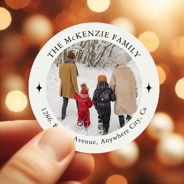 Custom Family Photo Christmas Return Address Classic Round Sticker (Creator Uploaded)