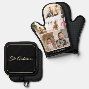 Custom Family Photo Collage Black Oven Mitt & Pot Holder Set